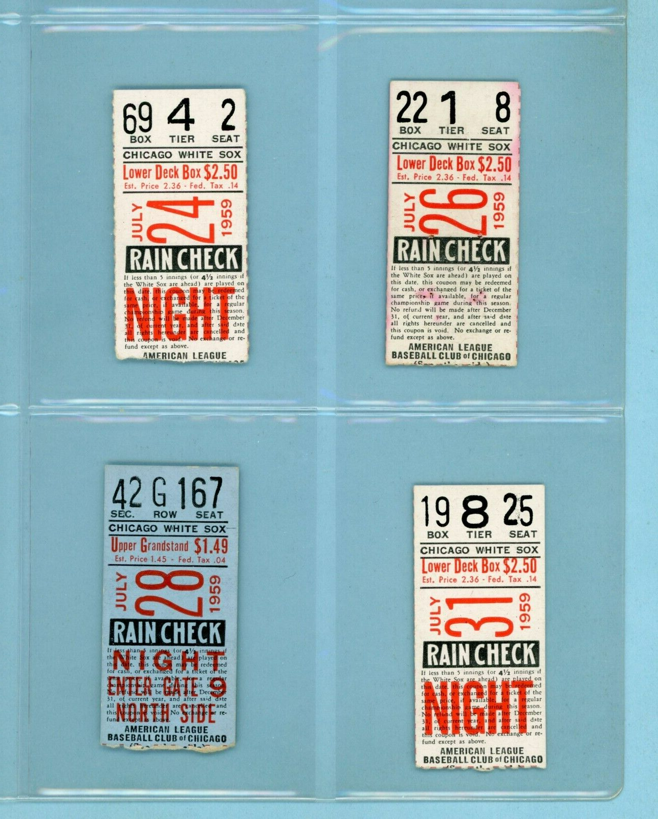 Lot of 4 Different 1959 Chicago White Sox Ticket Stubs at Comiskey Park