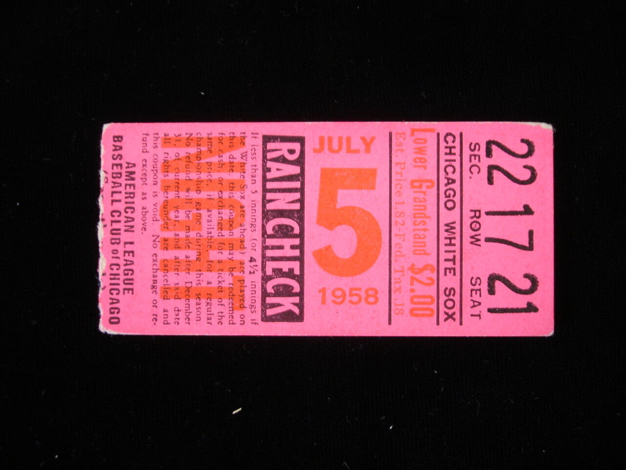 July 5, 1958 Detroit Tigers @ Chicago White Sox Ticket Stub