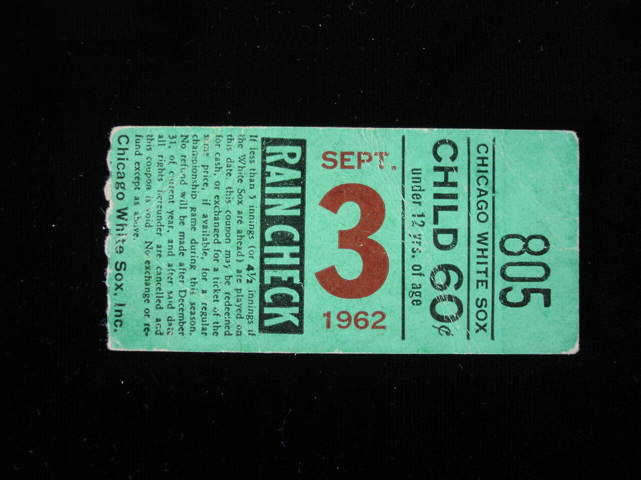 September 3, 1962 Cleveland Indians @ Chicago White Sox Ticket Stub