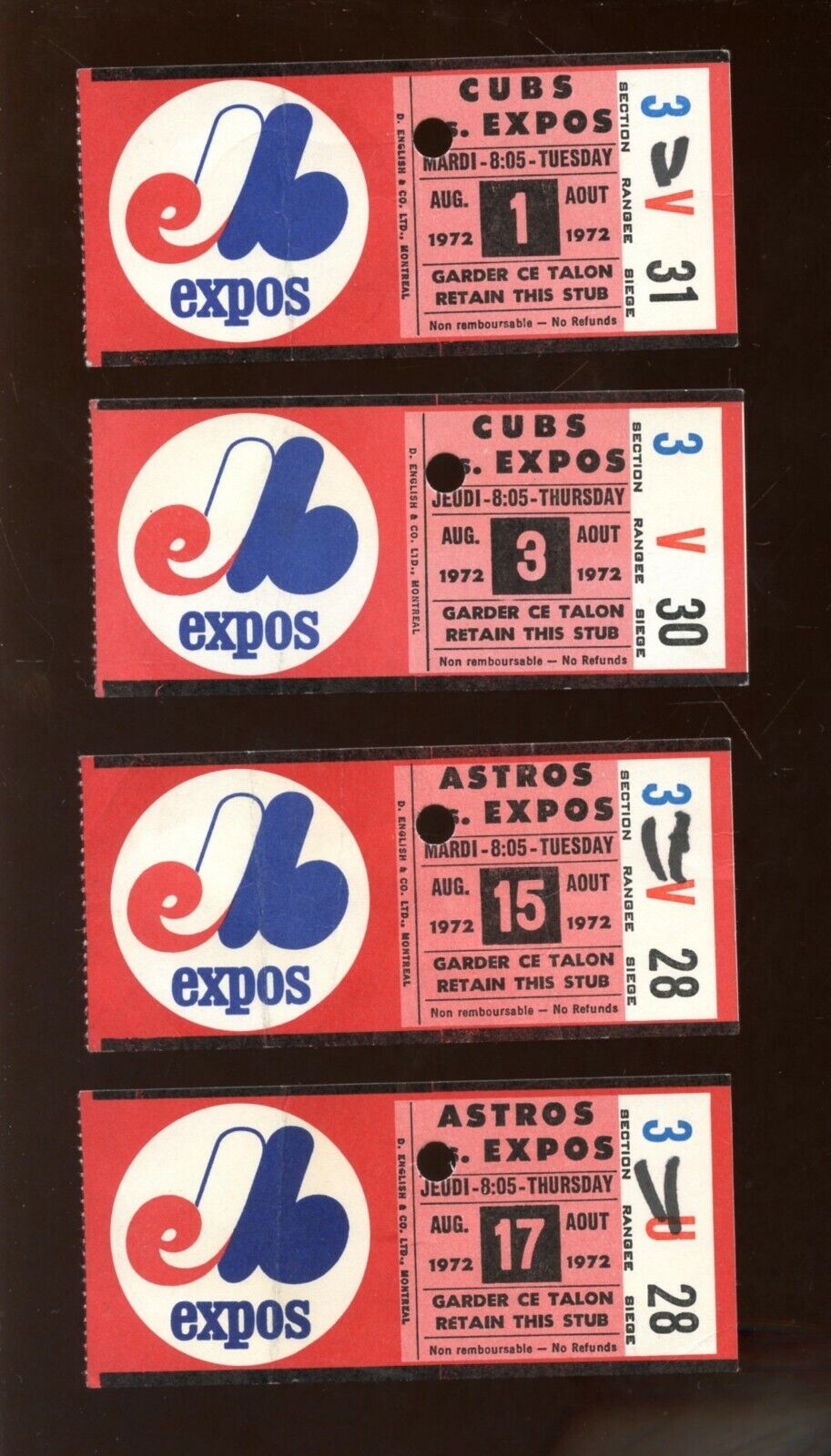 1972 Montreal Expos MLB Ticket Stub Lot 4 Different