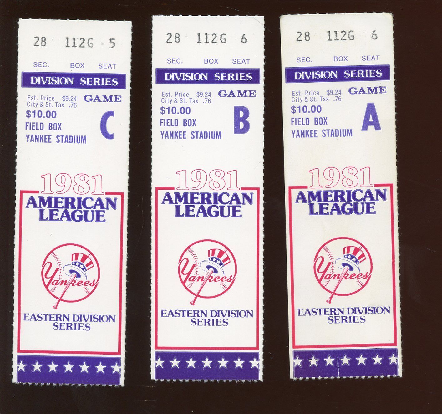 1981 Eastern Division Playoff Ticket Stubs Brewers @ NY Yankees 3 Diff. VG-EX/EM