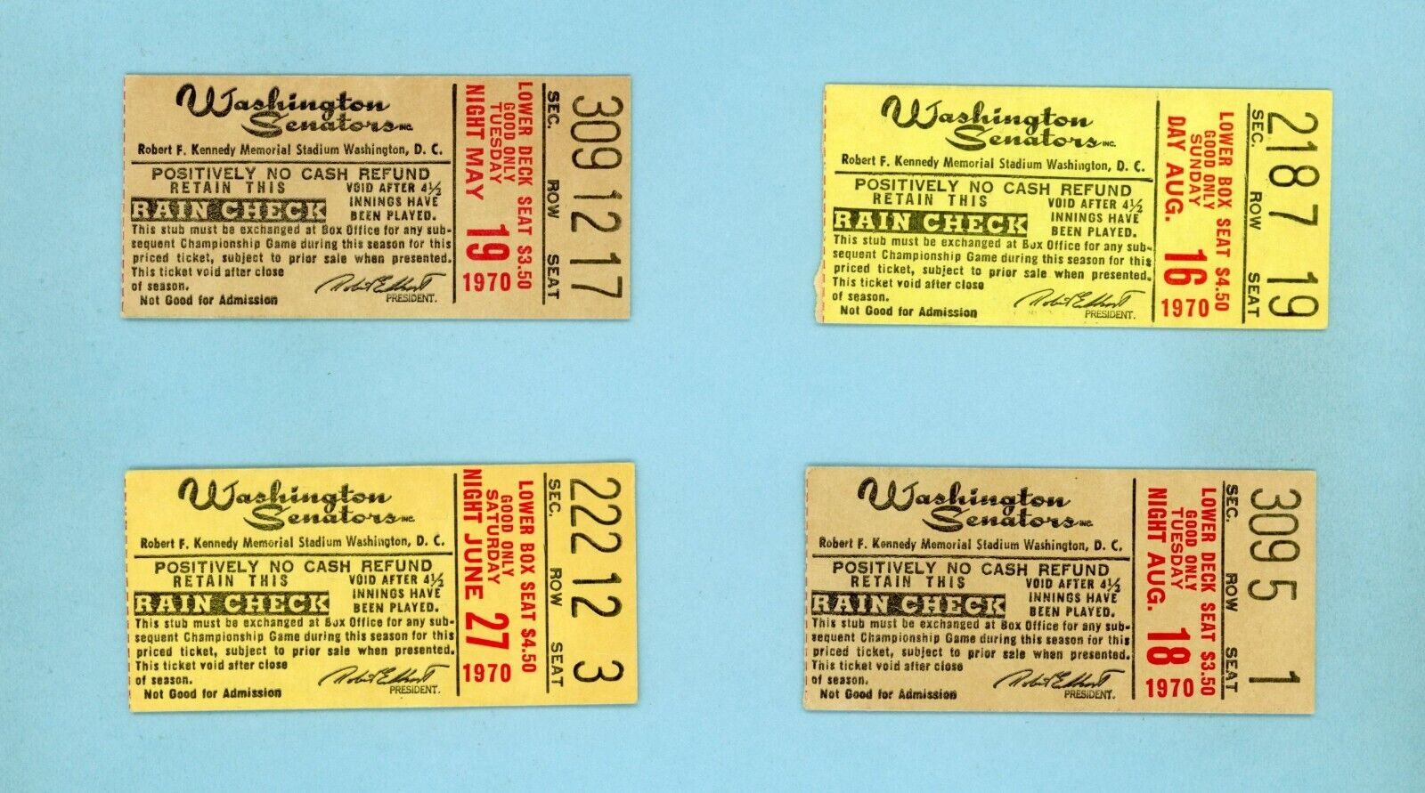 Lot of 4 Different 1970 Washington Senators Ticket Stubs at RFK Stadium