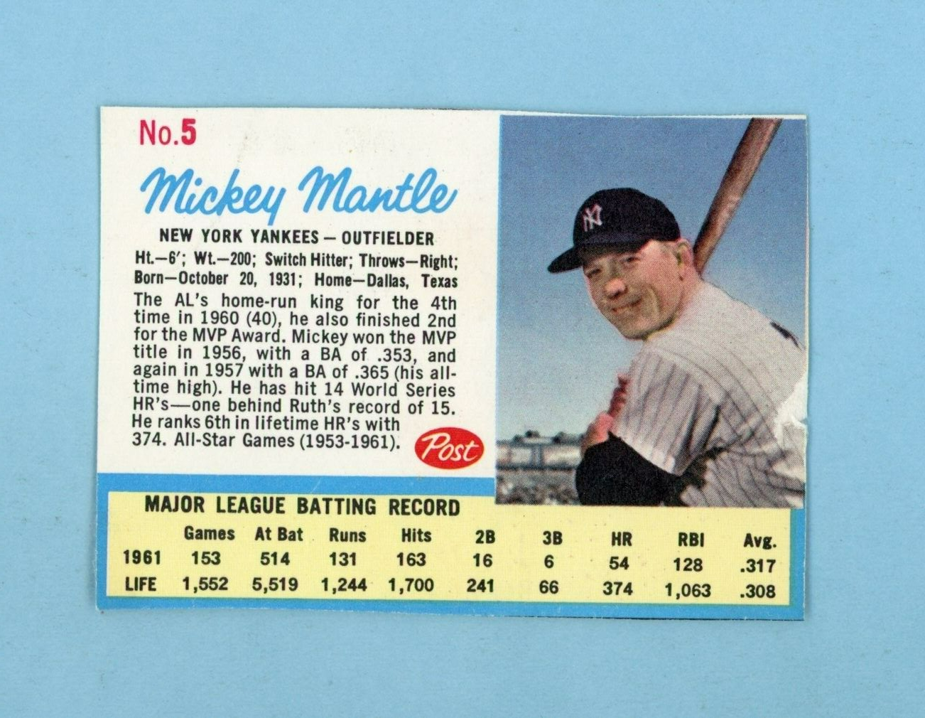 1962 Post Cereal #5 Mickey Mantle New York Yankees Baseball Card