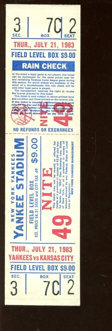 July 21 1983 New York Yankees Full Ticket EXMT