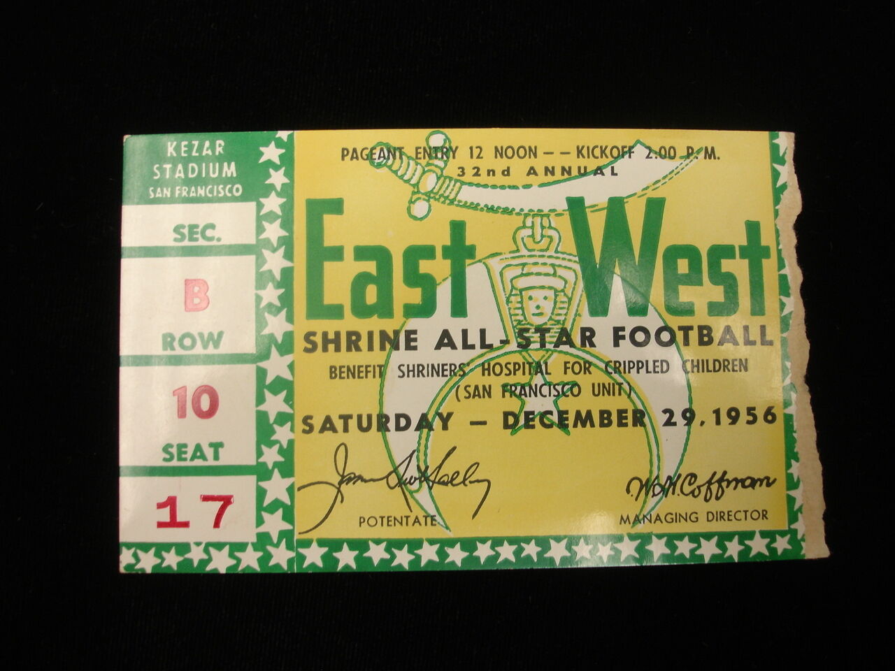 December 29, 1956 East vs. West Shrine All-Star Football Game Ticket Stub