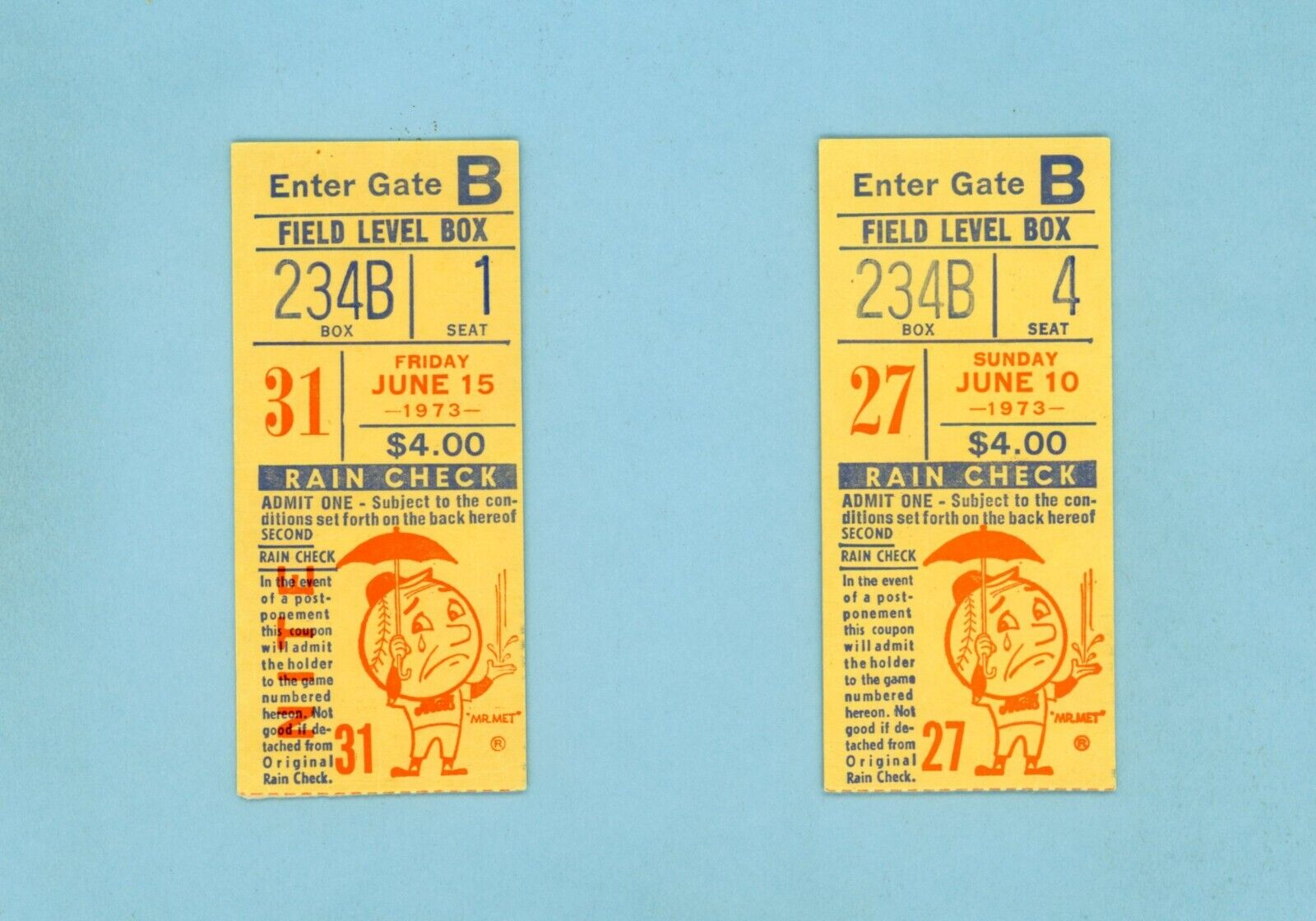 Lot of 2 Different 1973 New York Mets Ticket Stubs June 10 & June 15