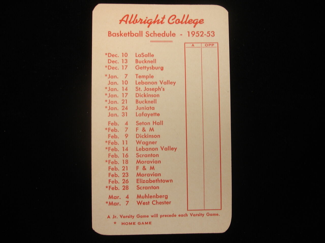 1952-53 Albright College Basketball Pocket Schedule