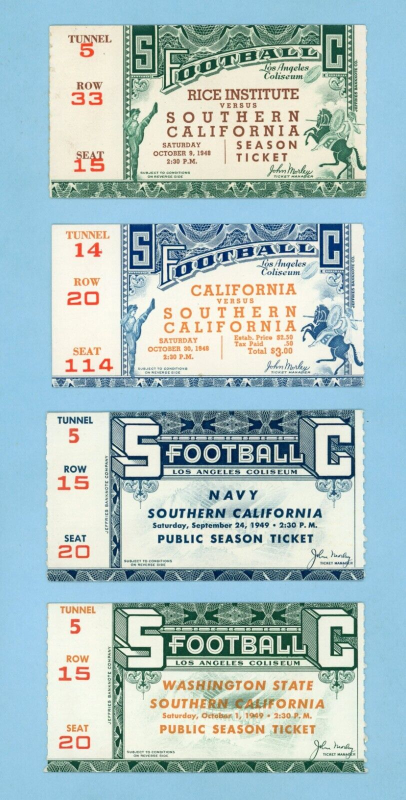 Lot of 4 Different 1948 - 1949 USC Home Game Ticket Stubs