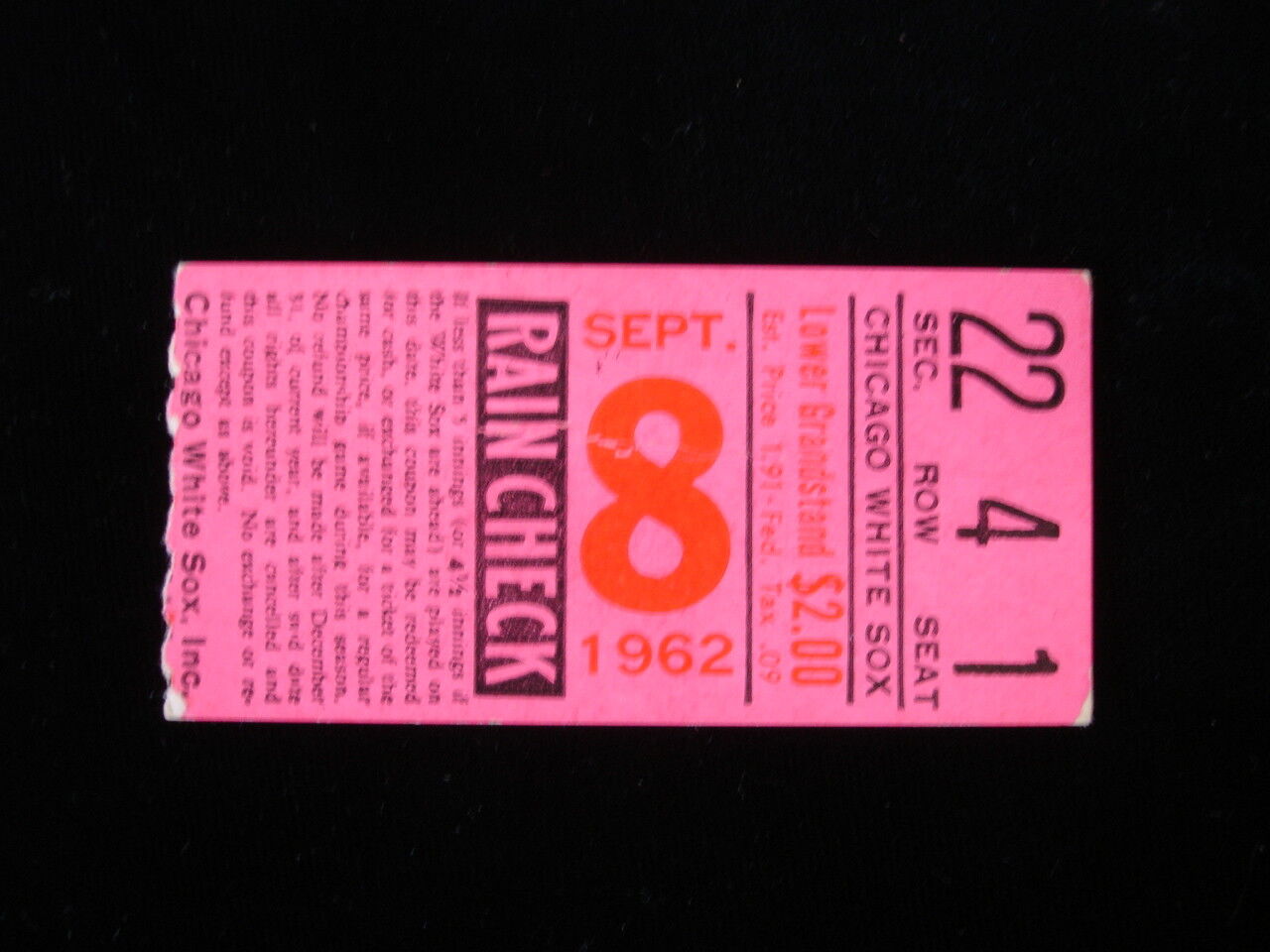 September 8, 1962 Washington Senators @ Chicago White Sox Ticket Stub