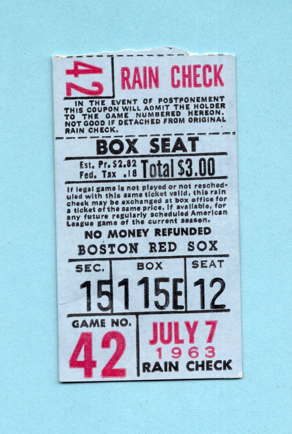 July 7, 1963 Chicago White Sox vs Boston Red Sox Ticket Stub Nellie Fox Carl Yaz