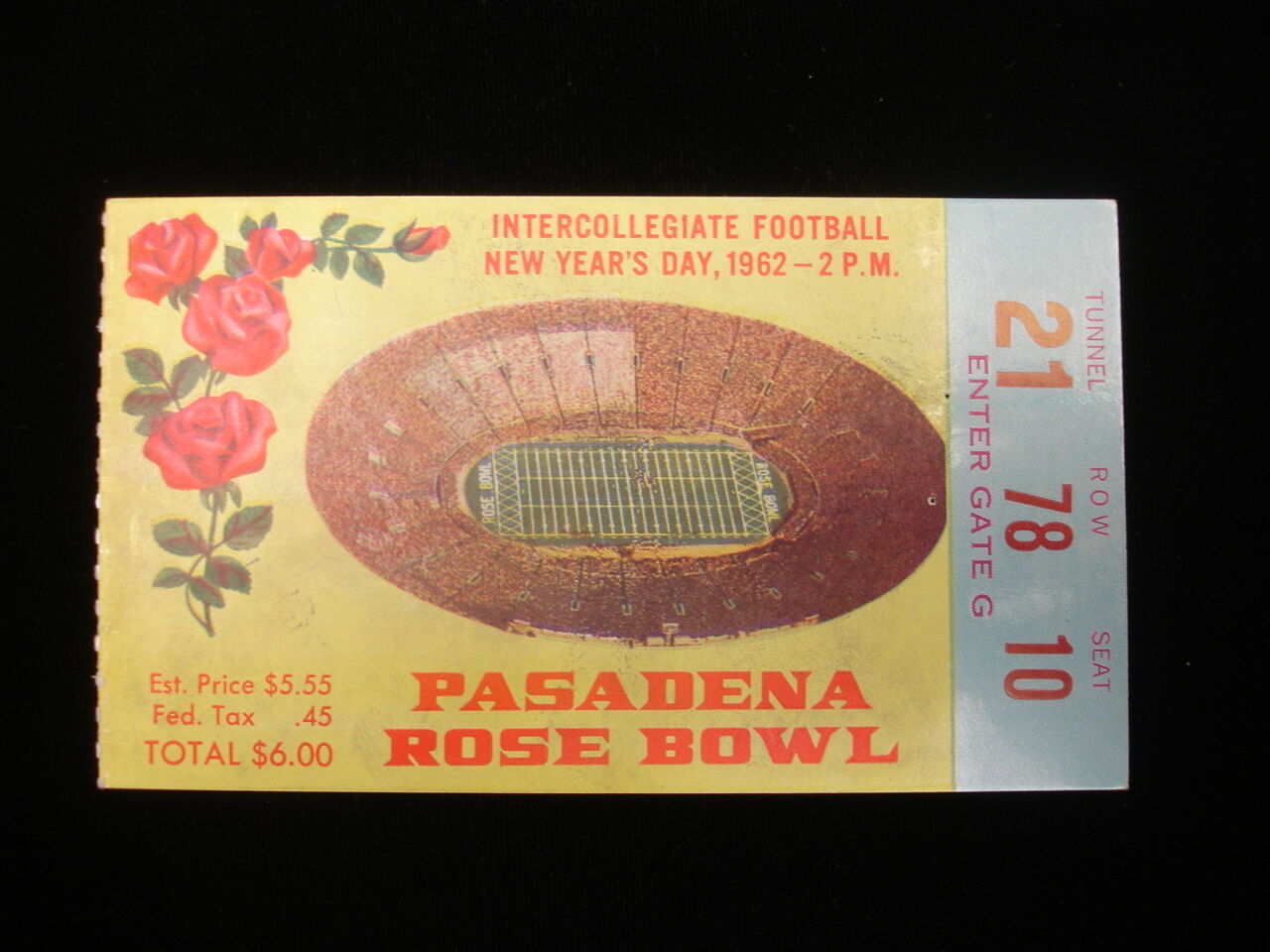 January 1, 1962 Rose Bowl Football Game Ticket Stub