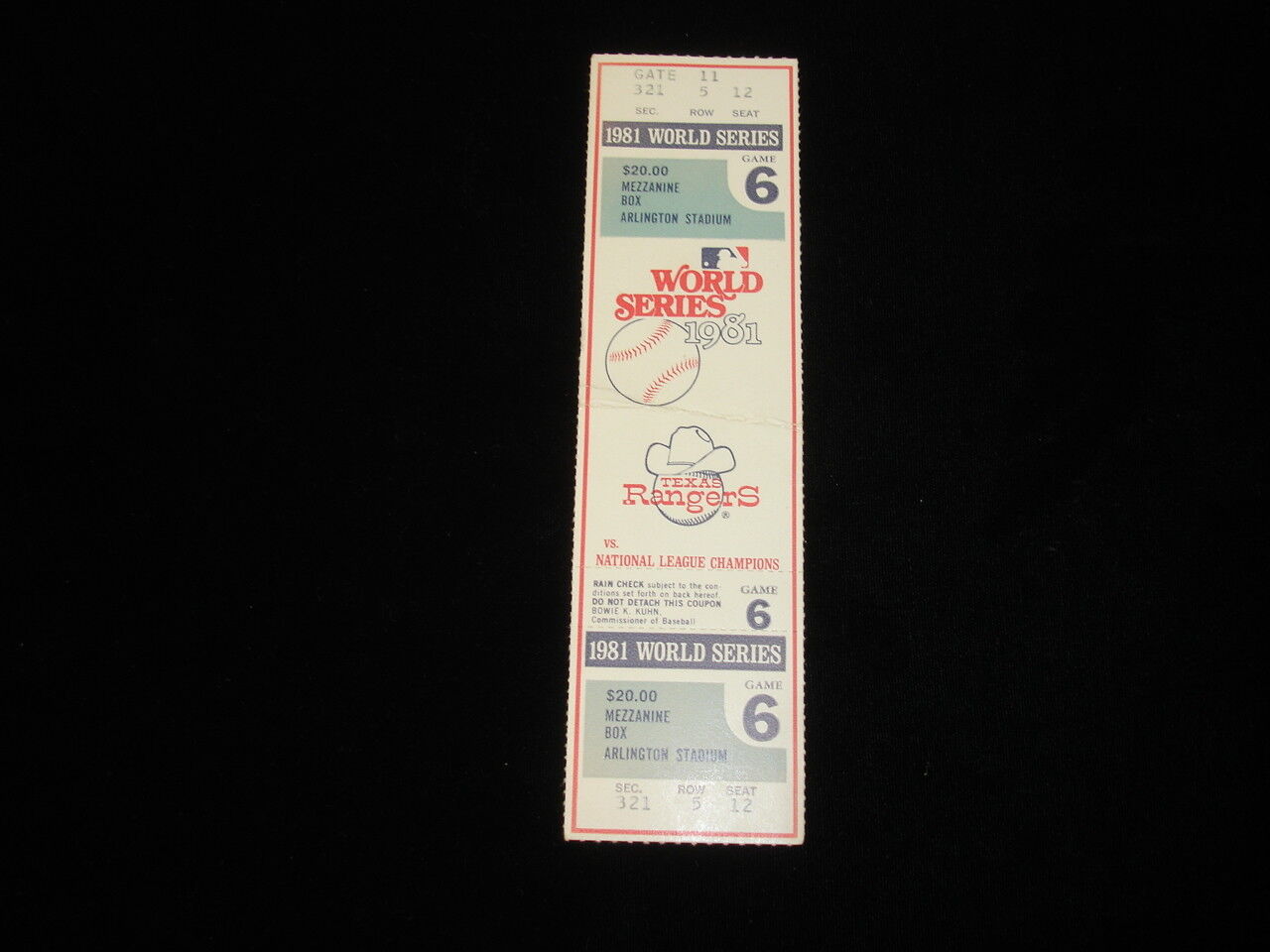 Original 1981 Texas Rangers Unused World Series Game 6 Phantom Full Ticket 