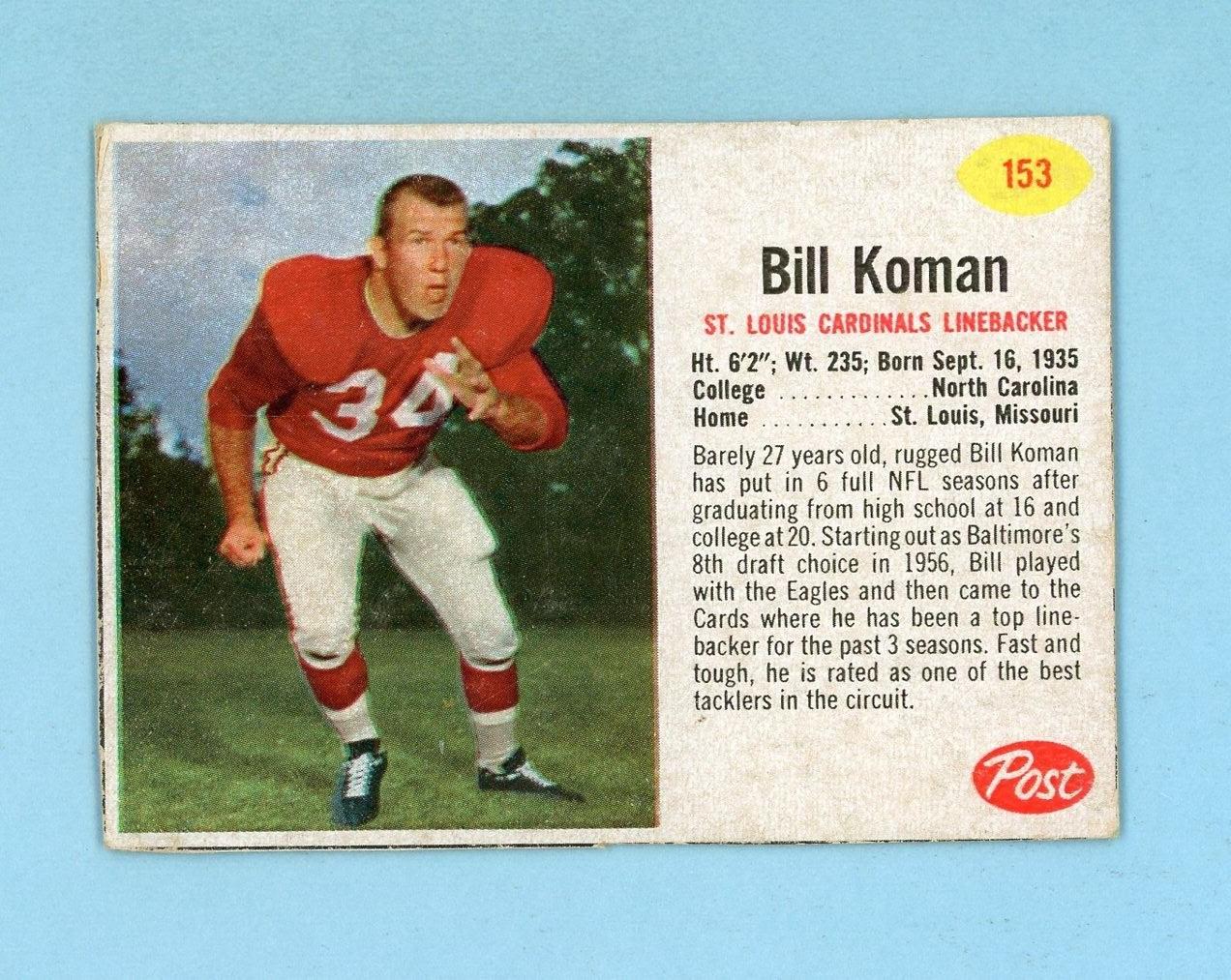 1962 Post Cereal #153 Bill Koman St. Louis Cardinals Football Card