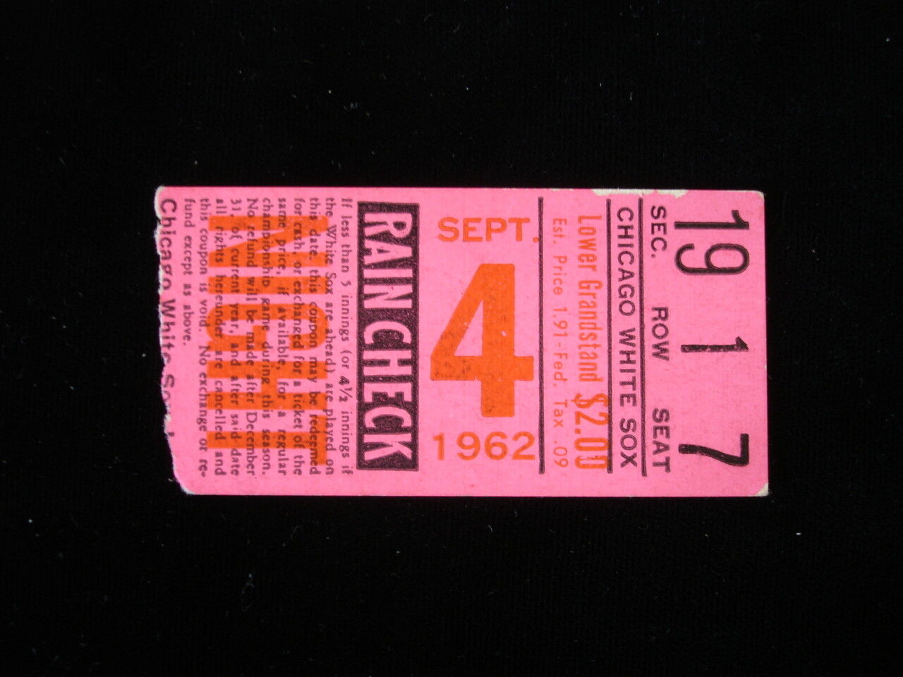 September 4, 1962 Cleveland Indians @ Chicago White Sox Ticket Stub