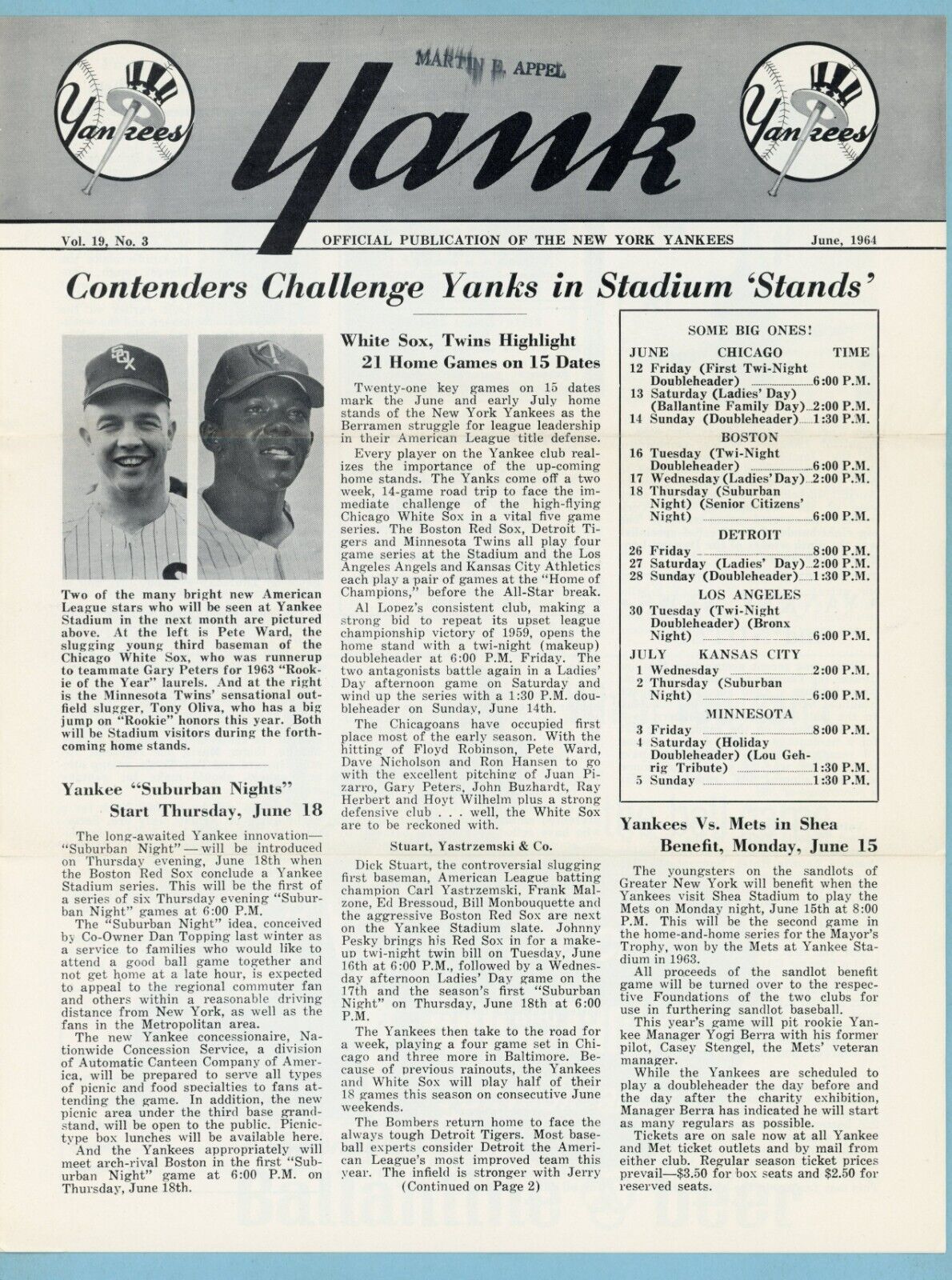 June 1964 Yank Official New York Yankees Newsletter Mickey Mantle & Yogi Berra