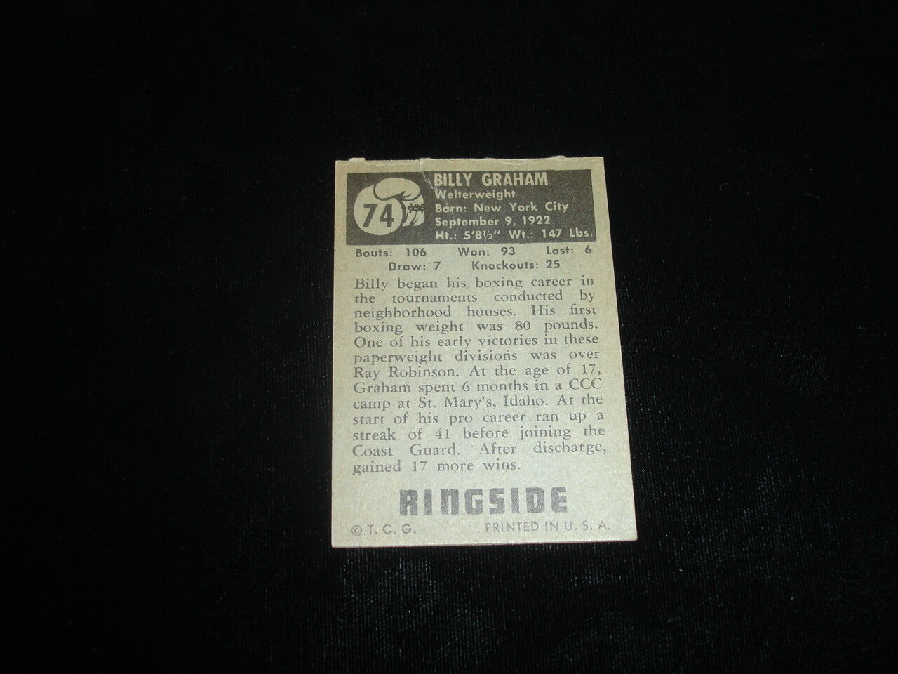 1951 Topps Ringside Boxing Card-Billy Graham-#74-VG+ vibrant colors