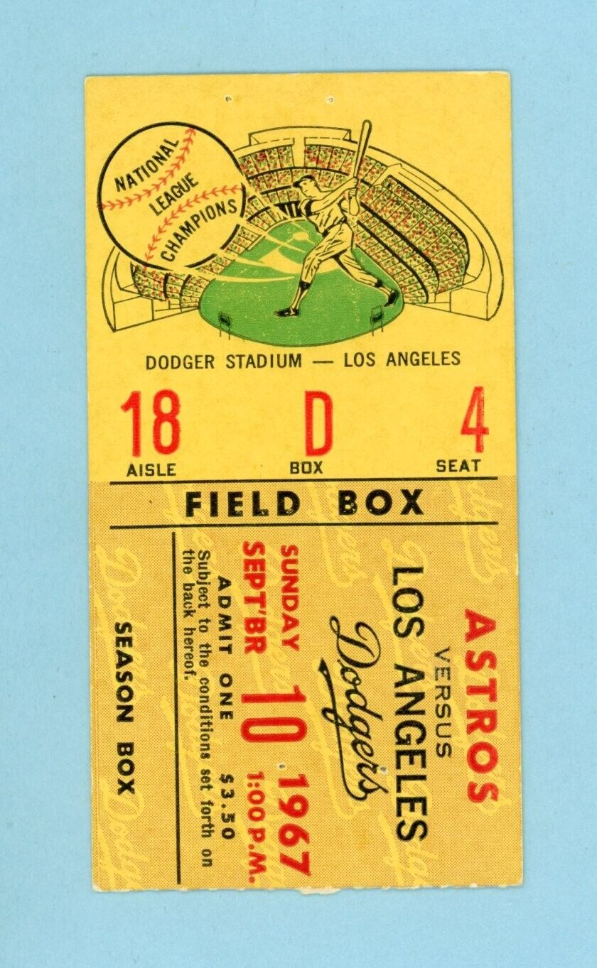 September 10, 1967 Houston Astros vs Los Angeles Dodgers Ticket Stub Jim Wynn