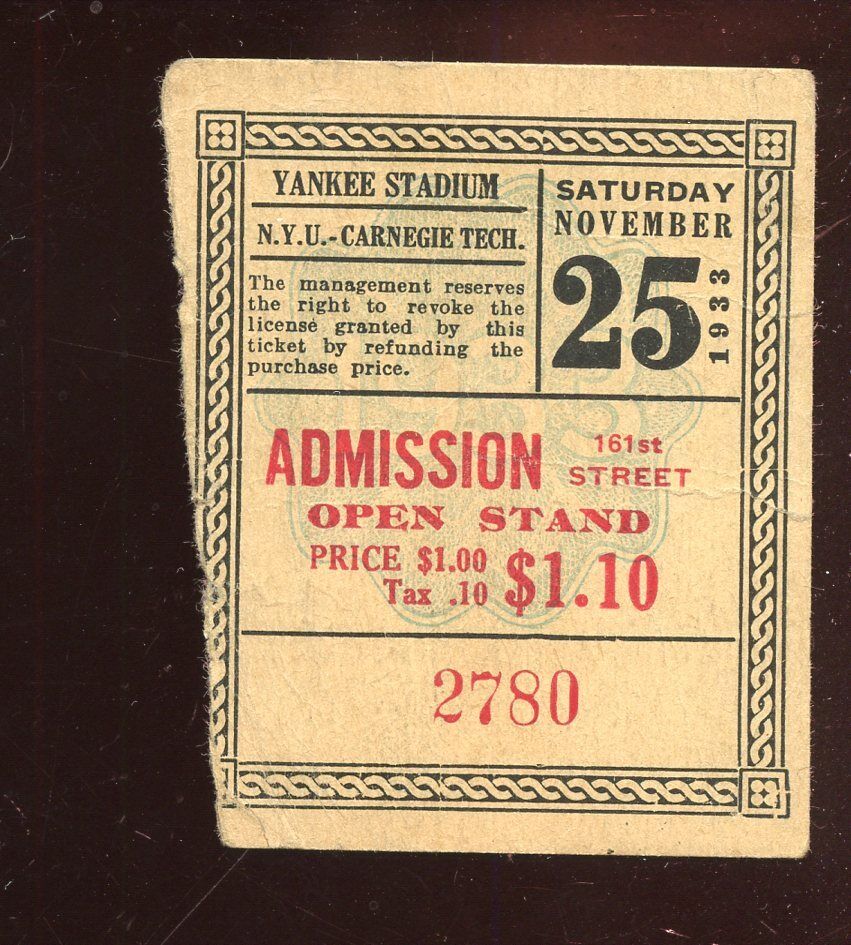 November 25 1933 NCAA Football Ticket Stub NYU vs Carnegie Tech