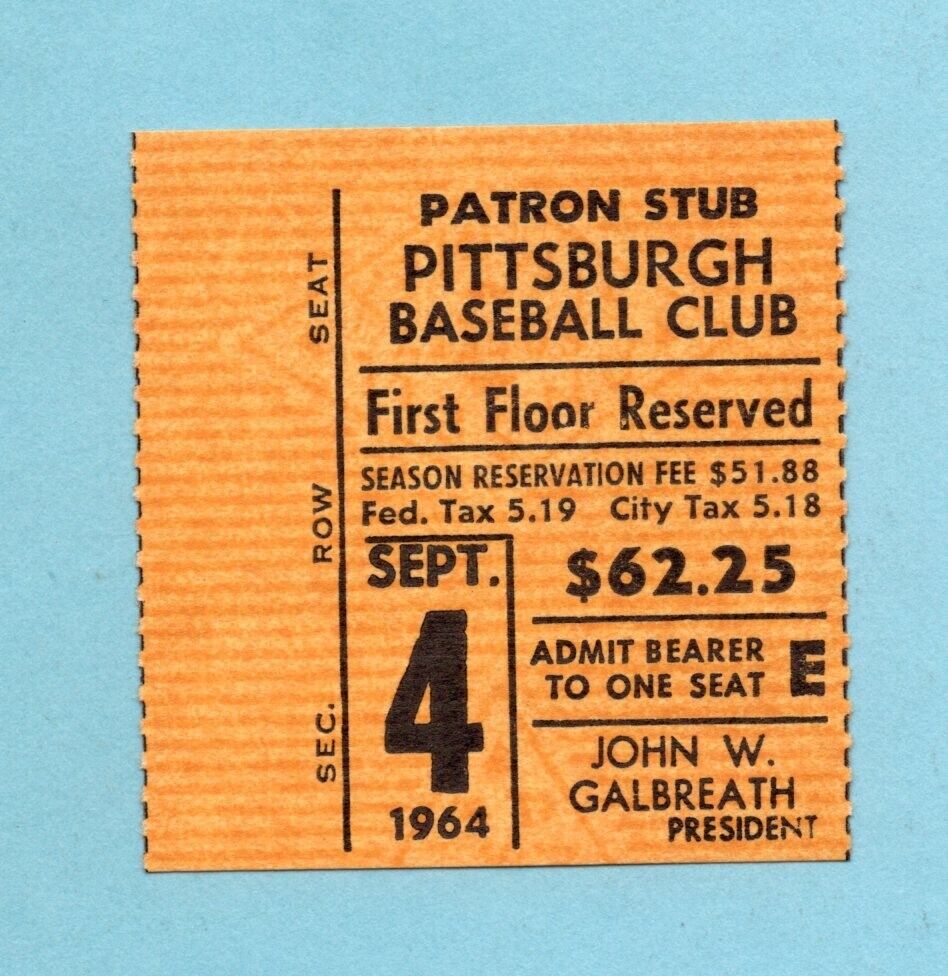 Sept 4, 1964 Colt 45's vs Pirates Ticket Stub Roberto Clemente, Bill Mazeroski