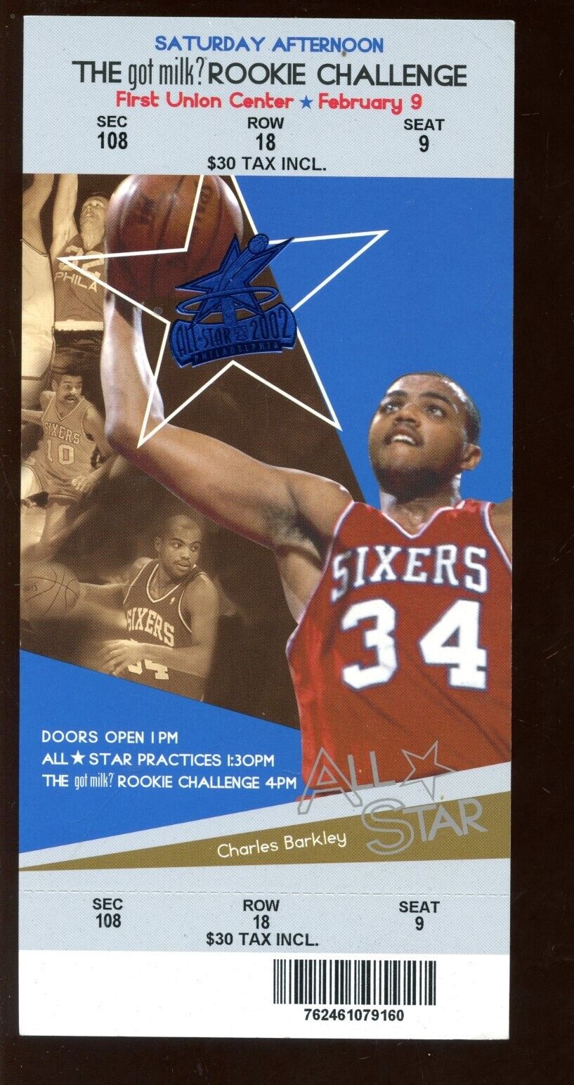 Feb 9 2002 NBA All Star Game Rookie Challenge Full Ticket VG-EX+ Charles Barkley