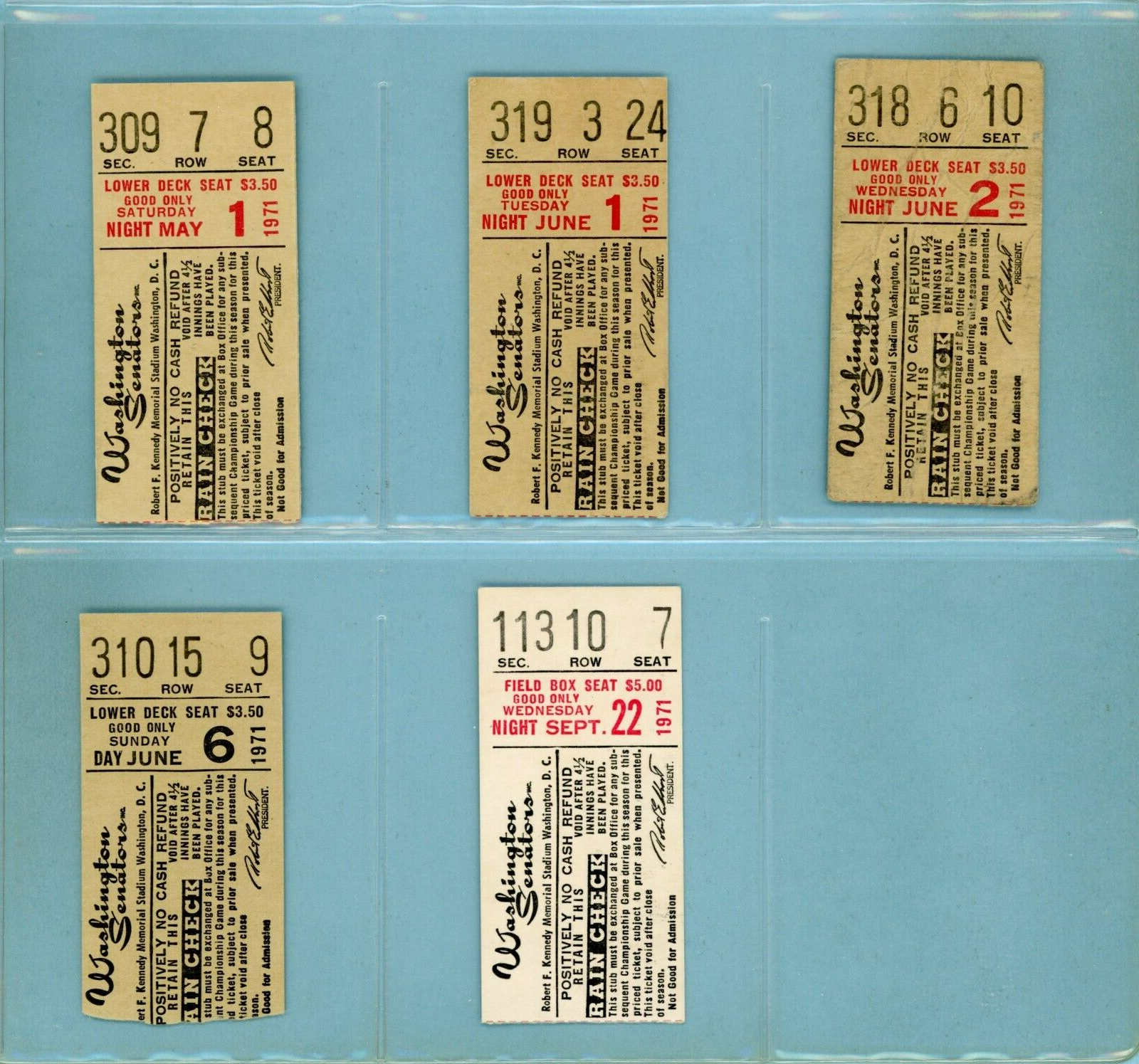 Lot of 5 Different 1971 Washington Senators Ticket Stubs at RFK Stadium