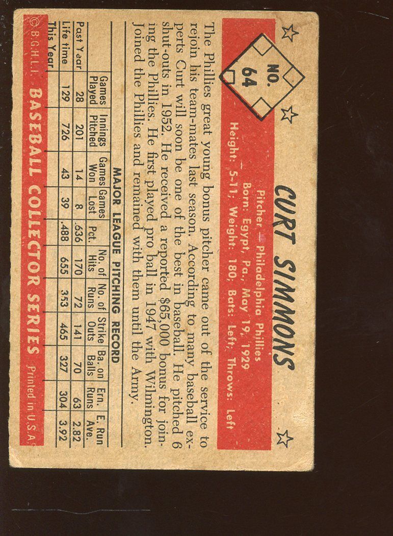 1953 Bowman Color Baseball Card #64 Curt Simmons Autographed Hologram