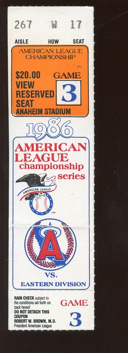 1986 ALCS Ticket Stub Boston Red Sox at California Angels Game 3