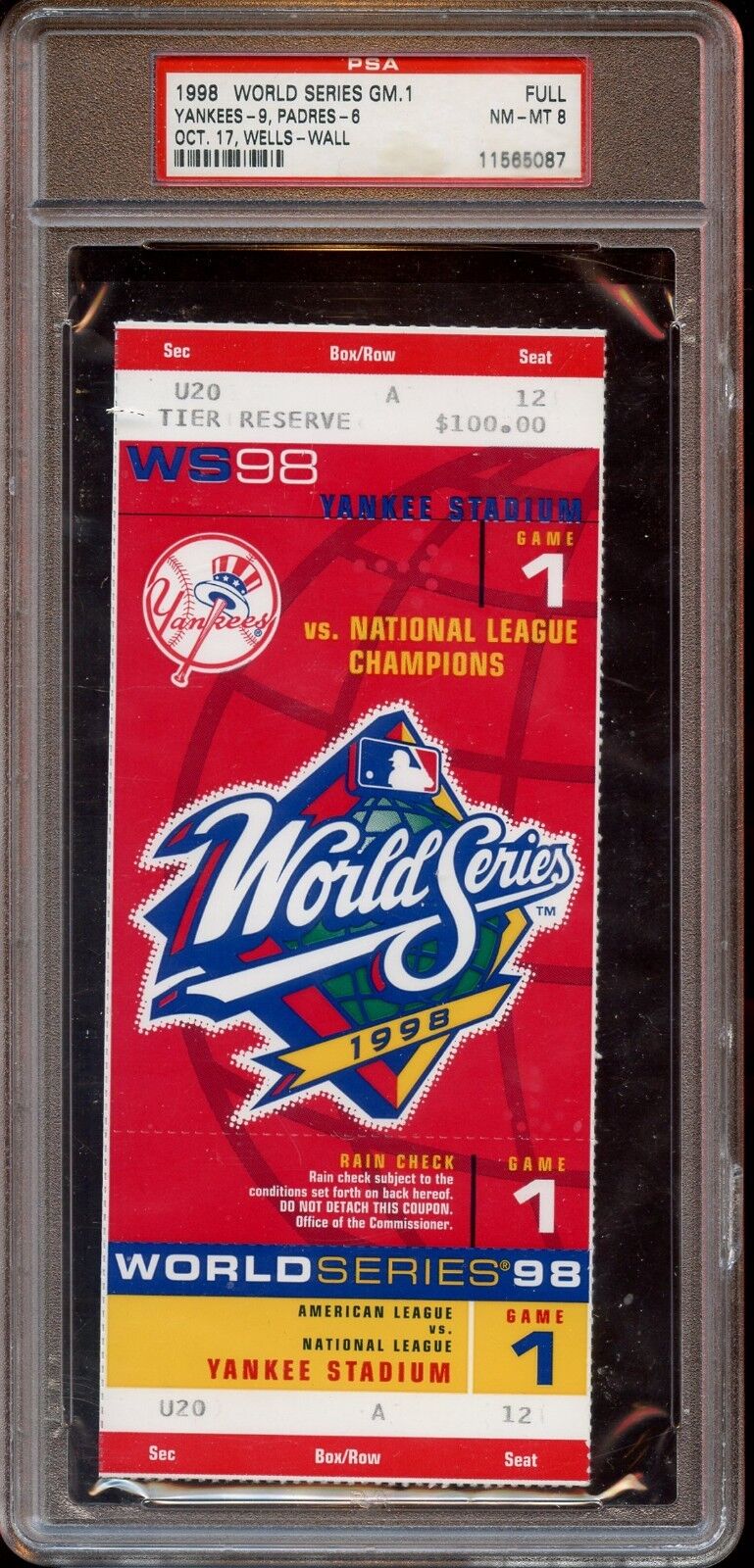 1998 World Series Full Ticket at New York Yankees Game 1 PSA 8 NM/MT