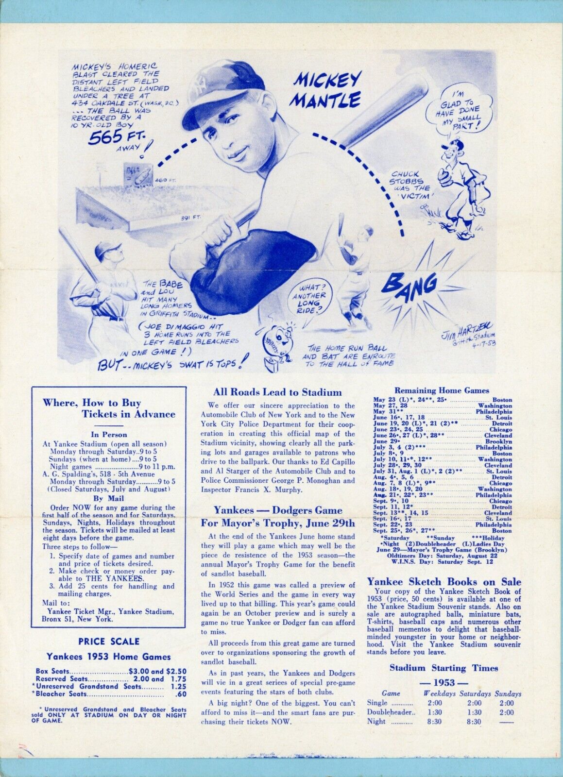 May 1953 One Page Newsletter Insert Mickey Mantle 565 Foot Home Run