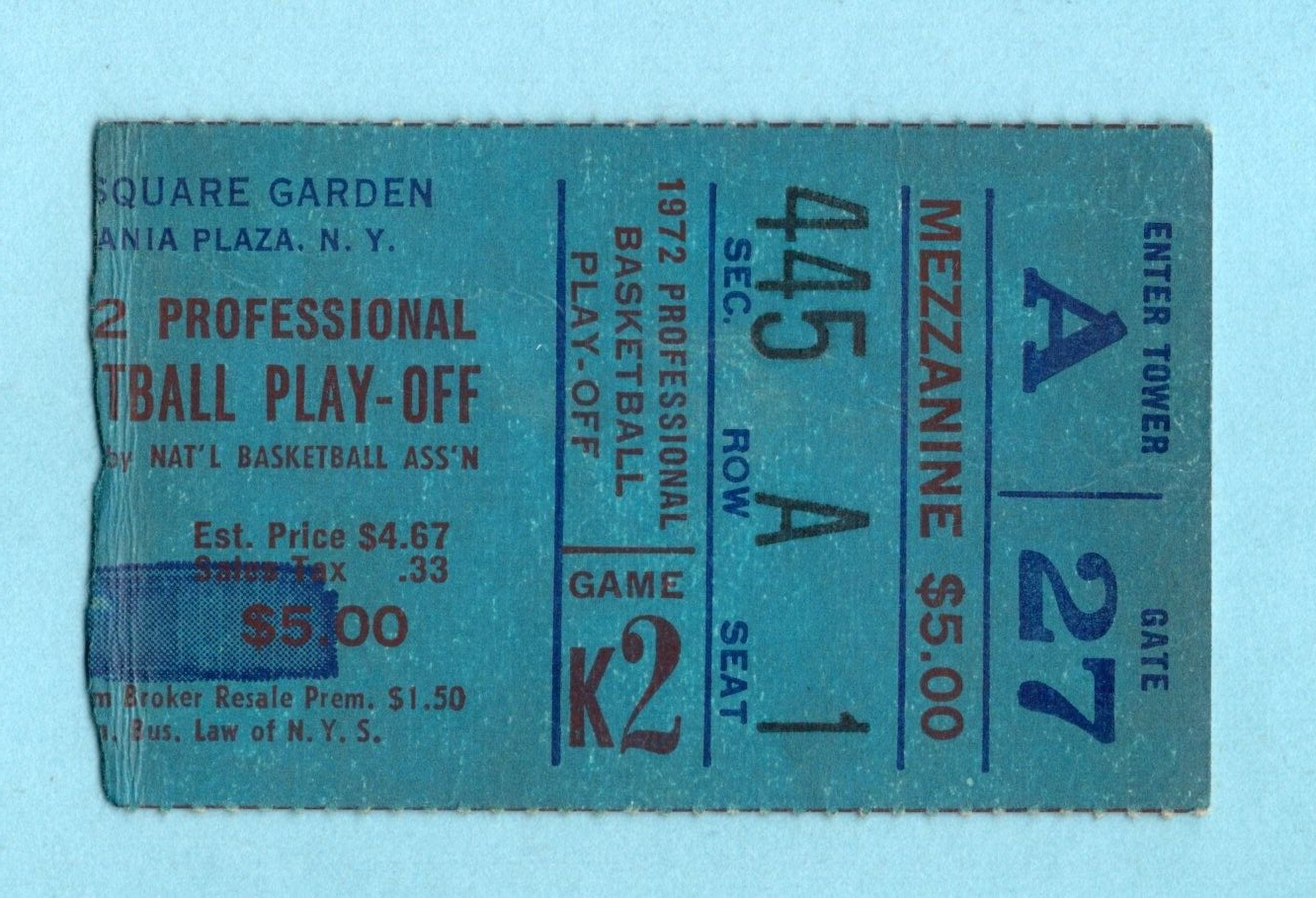 April 6, 1972 East Conf Semifinals Game 4 Balt Bullets vs NY Knicks Ticket Stub