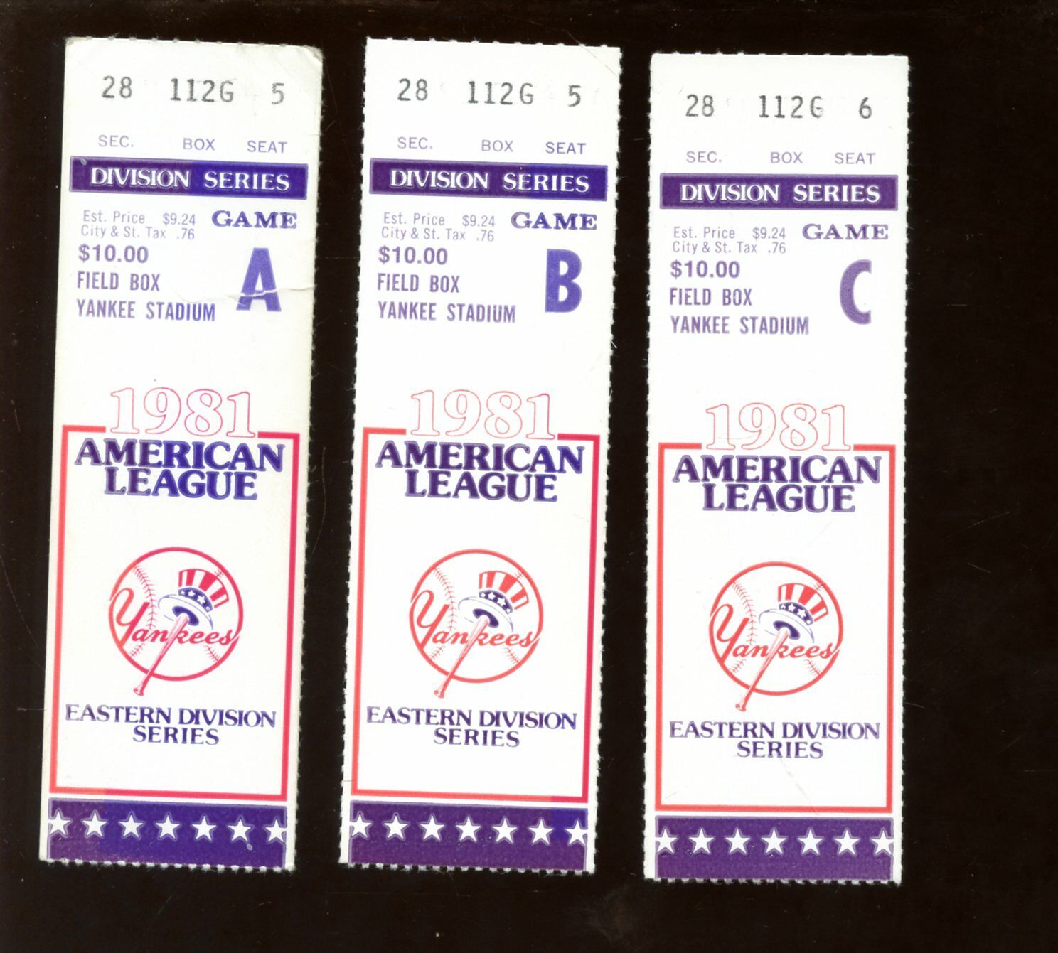 1981 ALDS Brewers at New York Yankees Ticket Stubs Games 3 & 4 & 5 EX/NRMT