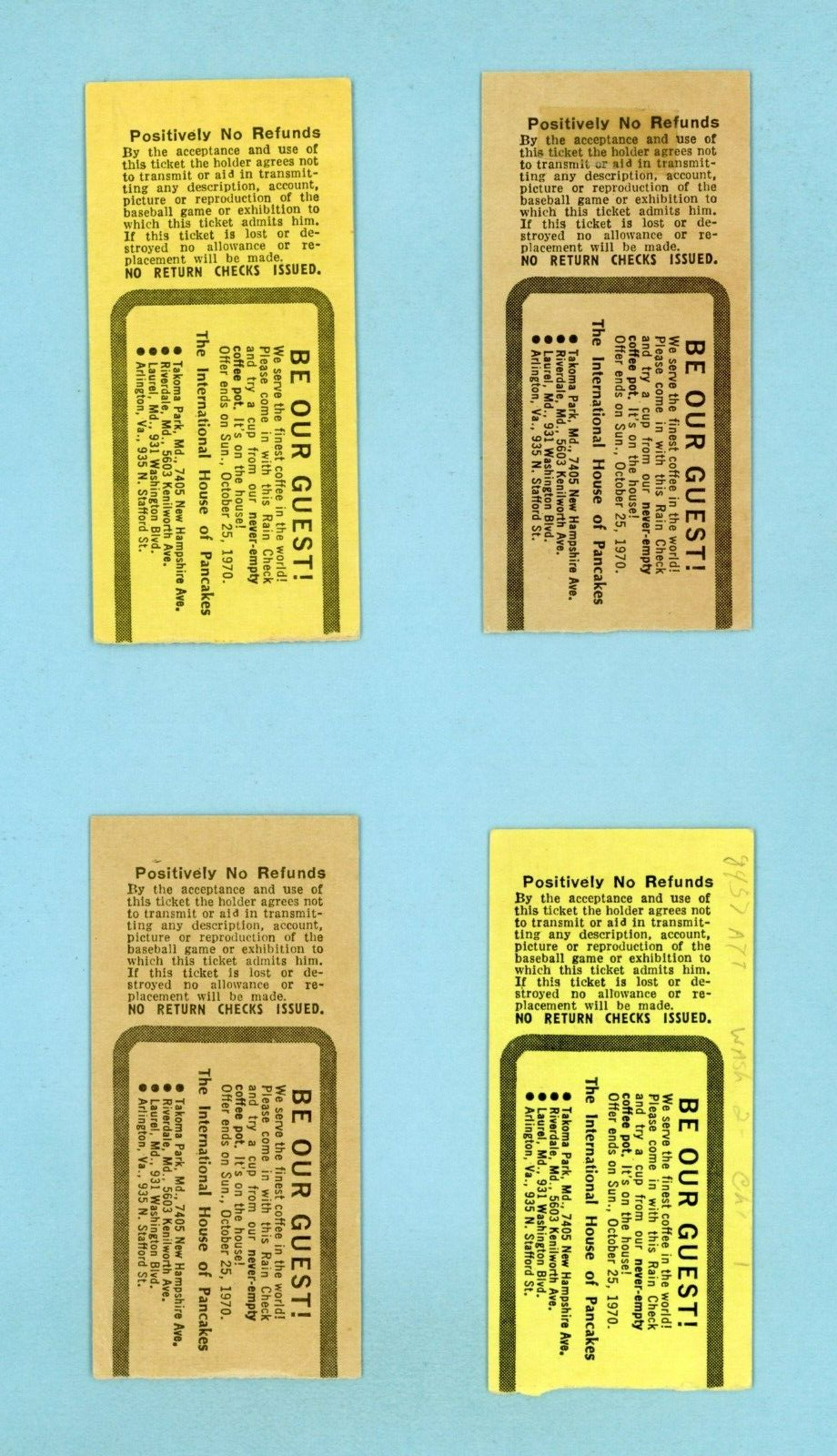 Lot of 4 Different 1970 Washington Senators Ticket Stubs at RFK Stadium