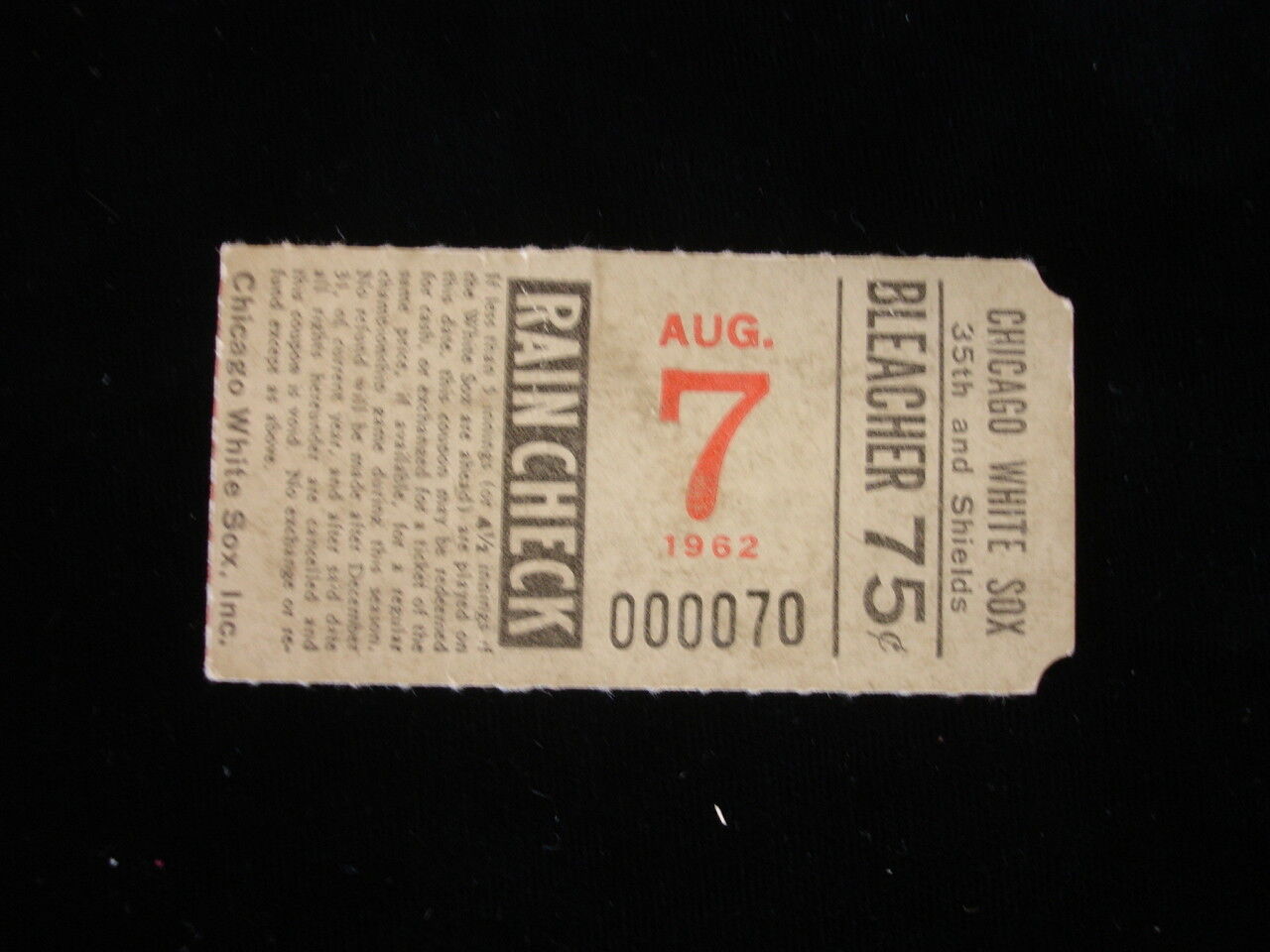 August 7, 1962 Baltimore Orioles @ Chicago White Sox Ticket Stub