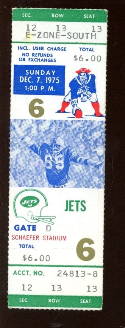 Dec. 7 1975 NFL Football FULL Ticket New York Jets @ New England Patriots VG-EX+