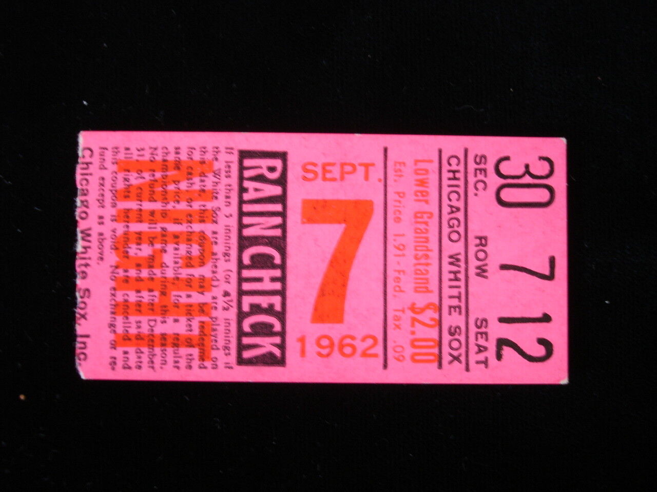 September 7, 1962 Washington Senators @ Chicago White Sox Ticket Stub