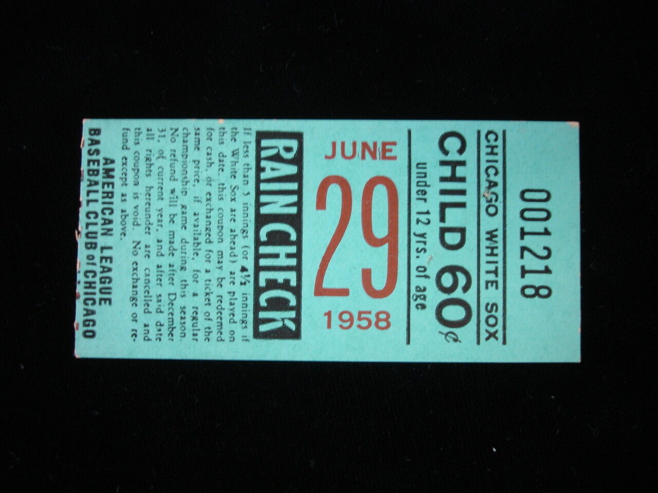 June 29, 1958 Washington Senators @ Chicago White Sox Ticket Stub