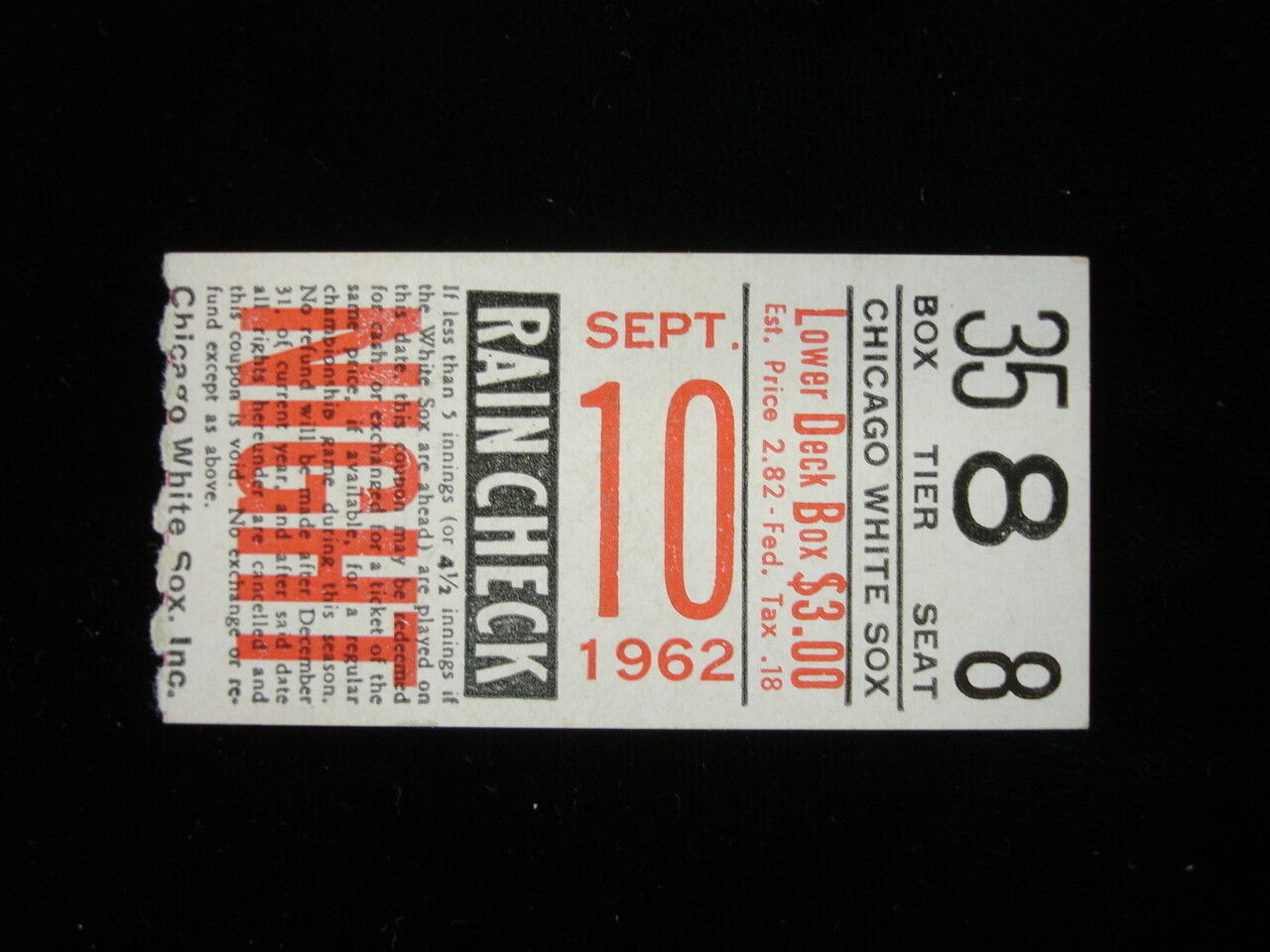 September 10, 1962 Kansas City Athletics @ Chicago White Sox Ticket Stub