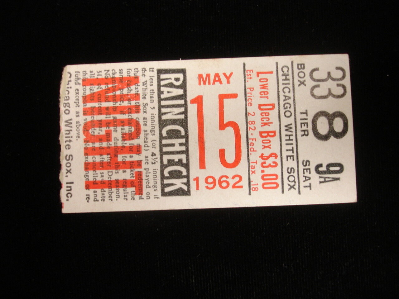 May 15, 1962 Washington Senators @ Chicago White Sox Ticket Stub