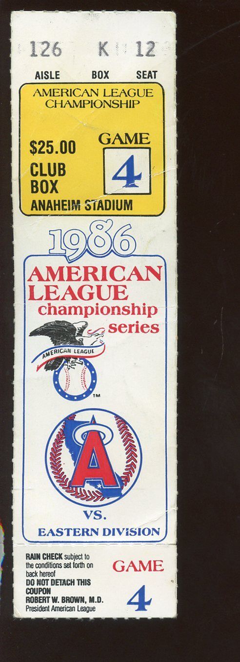 1986 ALCS Ticket Stub Boston Red Sox at California Angels Game 4