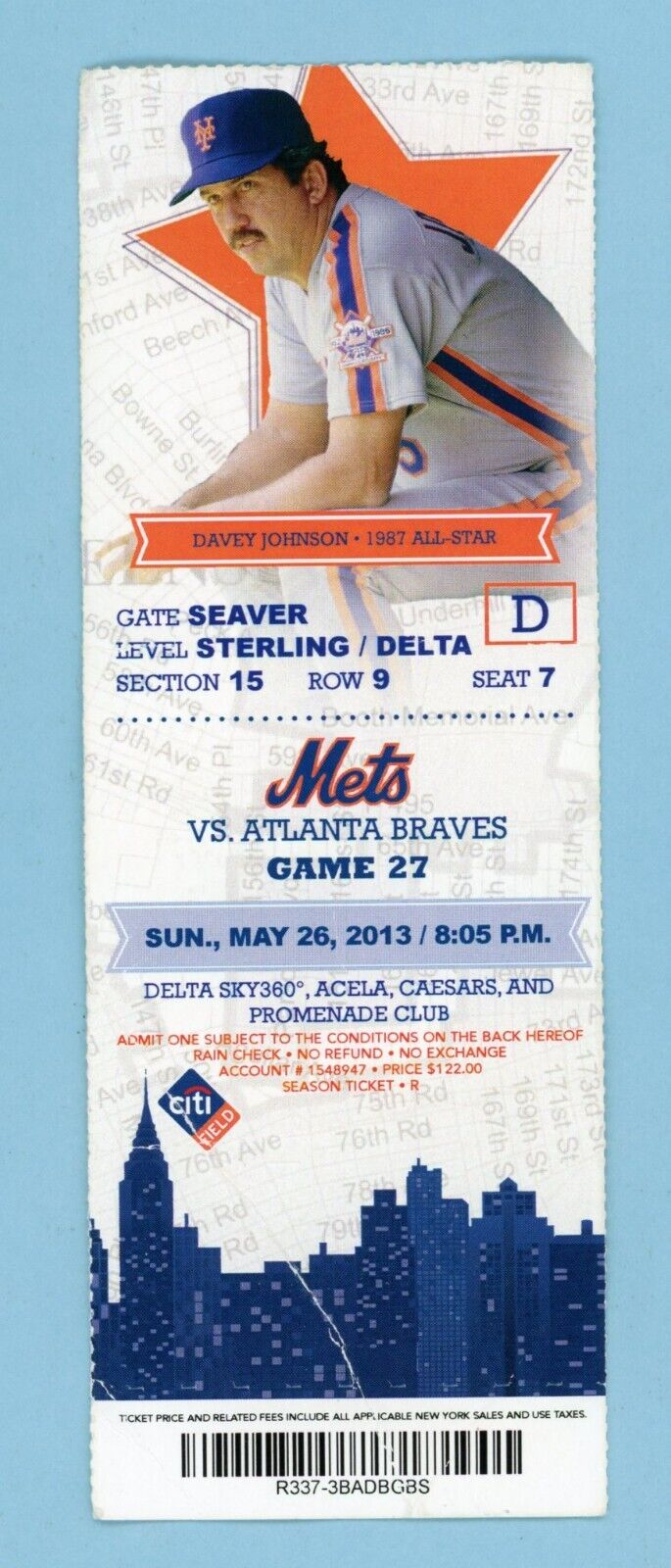 May 26, 2013 Atlanta Braves vs New York Mets Ticket Stub Davey Johnson Photo