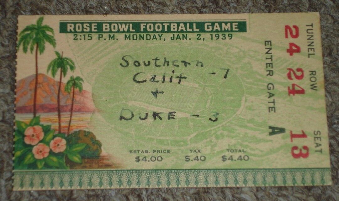 January 2, 1939 Rose Bowl  Football Game Ticket Stub-USC vs Duke