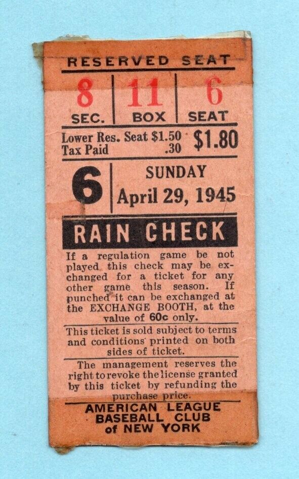 April 29, 1945 Wash Senators vs NY Yankees Ticket Stub Russ Derry Atley Donald