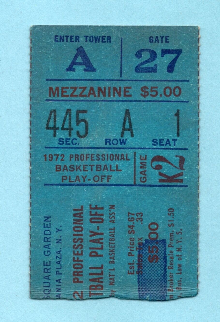 April 6, 1972 East Conf Semifinals Game 4 Balt Bullets vs NY Knicks Ticket Stub