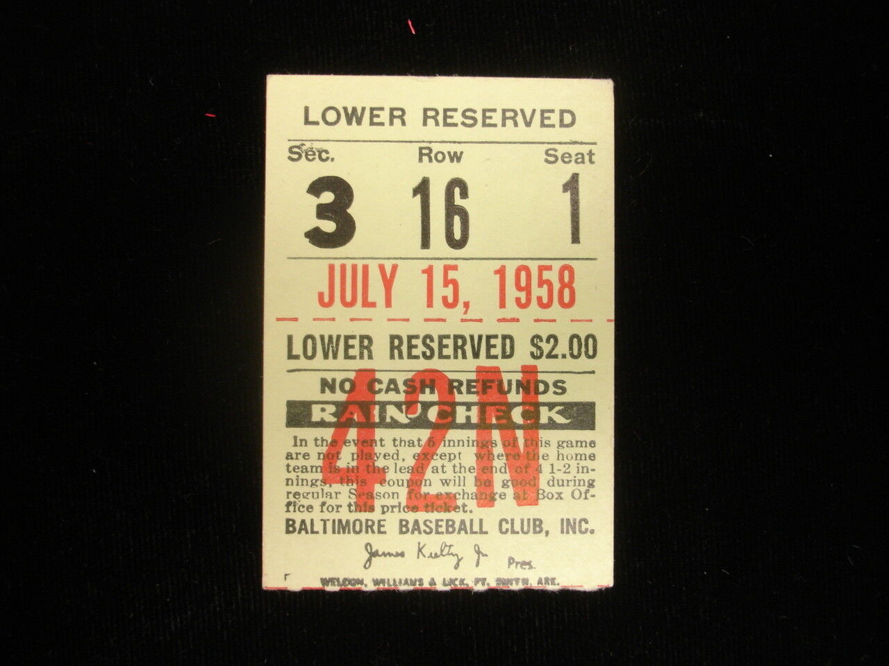 July 15, 1958 Chicago White Sox @ Baltimore Orioles Ticket Stub - 12 Innings!