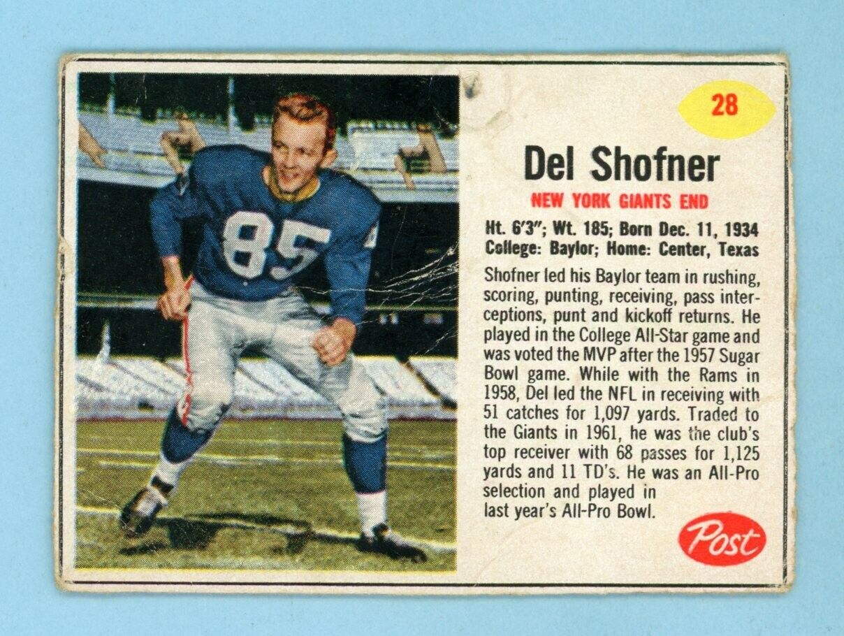 1962 Post Cereal #28 Del Shofner New York Giants Football Card Low Grade