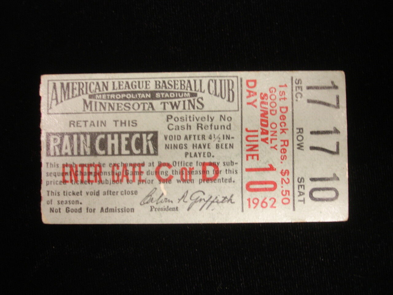 June 10, 1962 Washington Senators @ Minnesota Twins Ticket Stub - Doubleheader!