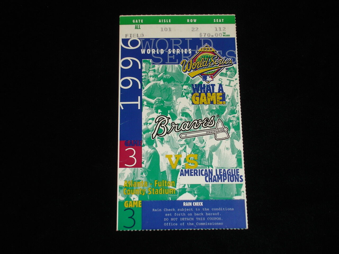 1996 World Series Game 3 Ticket Stub - Yankees @ Braves - Bernie Williams HR