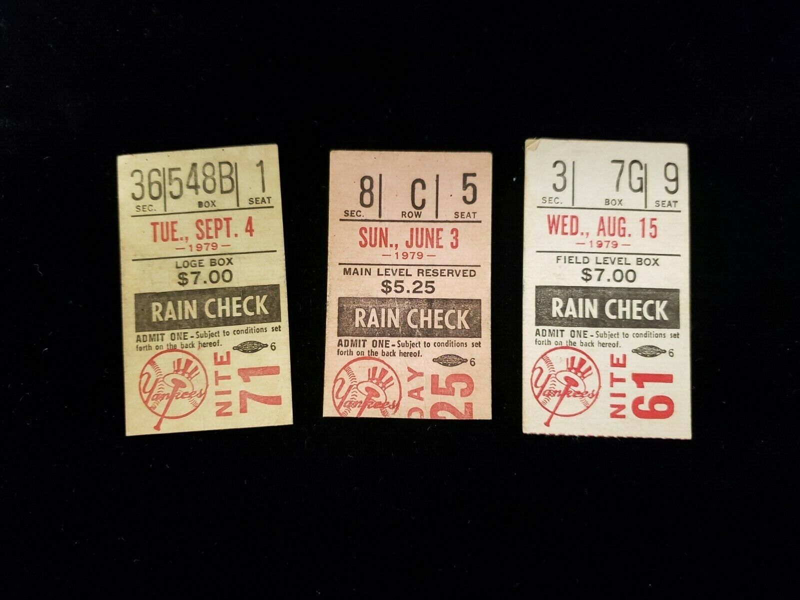 Lot of 3 Different 1979 New York Yankees Ticket Stubs