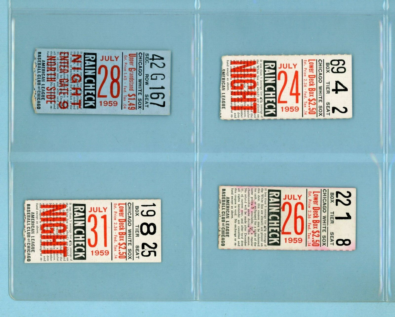 Lot of 4 Different 1959 Chicago White Sox Ticket Stubs at Comiskey Park