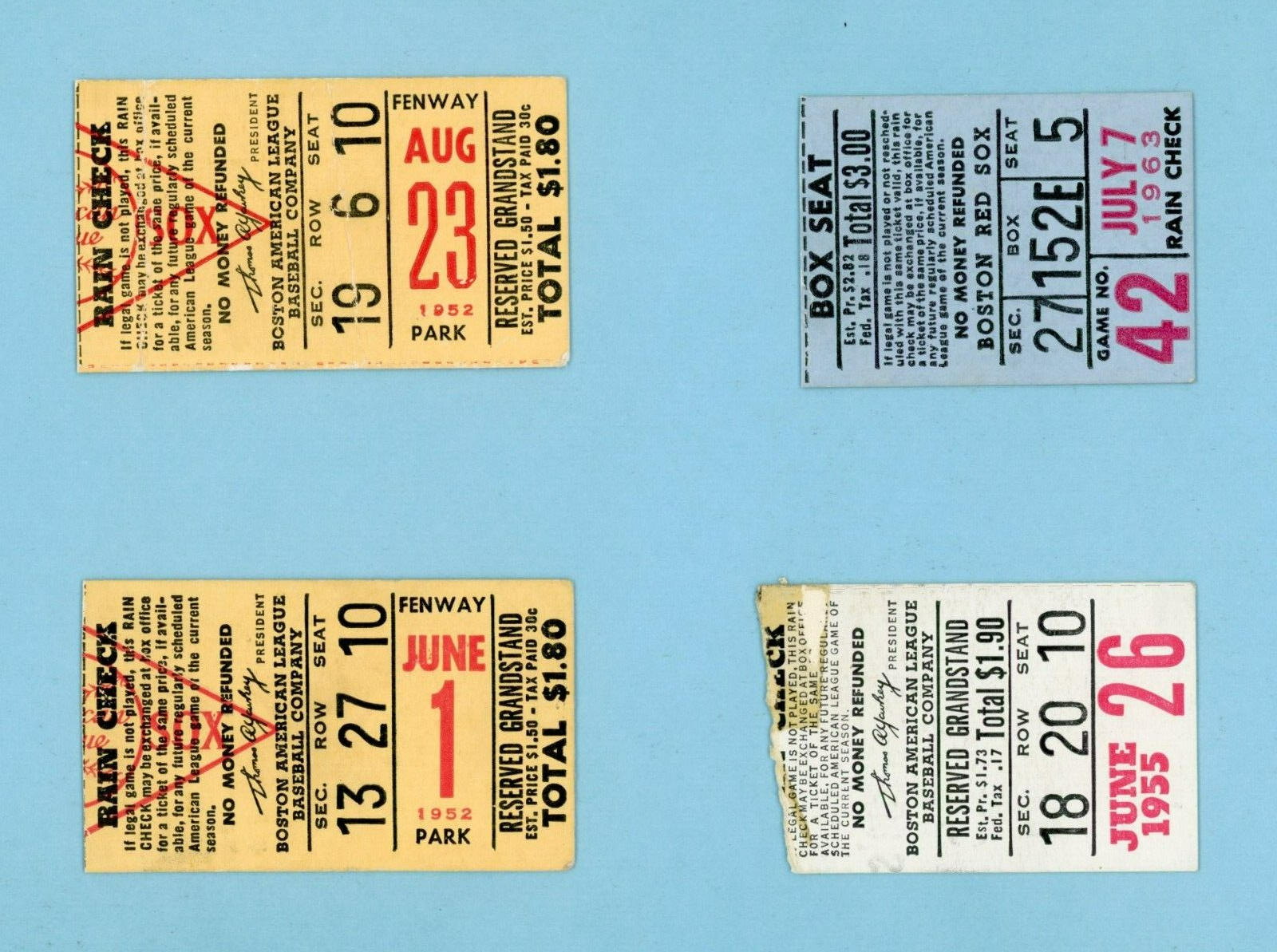 Lot of 4 Diff White Sox vs Boston Red Sox @ Fenway Park DATED Ticket Stubs